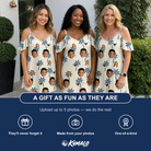 Friends in matching Women's Technicolor Tropics Custom Face Off-Shoulder Dress — a group gift photo
