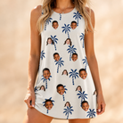 Model wearing Women's Technicolor Tropics Custom Face Tank Dress printed with kids' faces