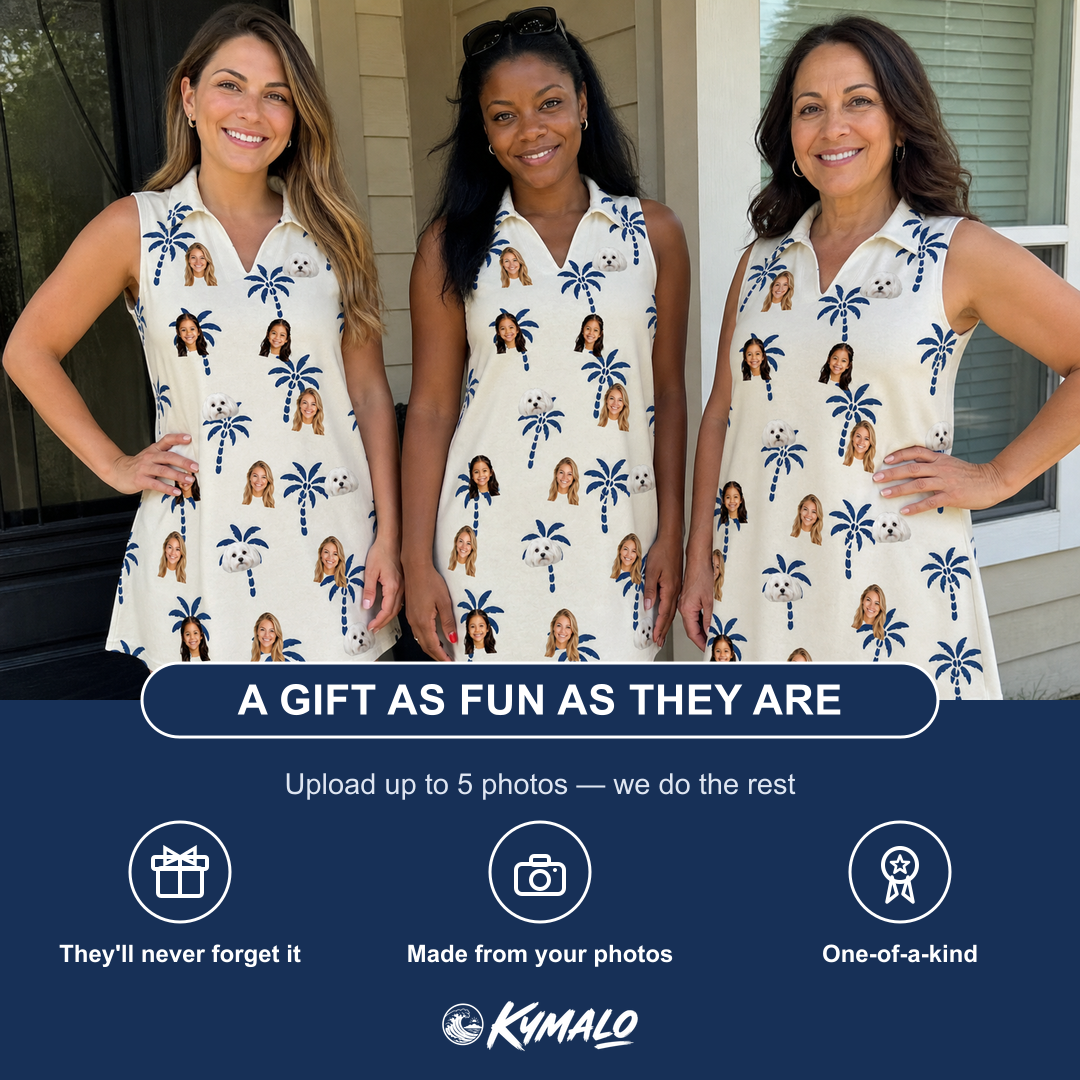 Friends in matching Women's Technicolor Tropics Custom Face V-Neck Dress — a group gift photo