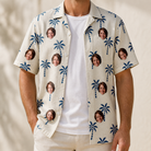 Man wearing Men's Technicolor Tropics Custom Face Hawaiian Shirt open over a white tee