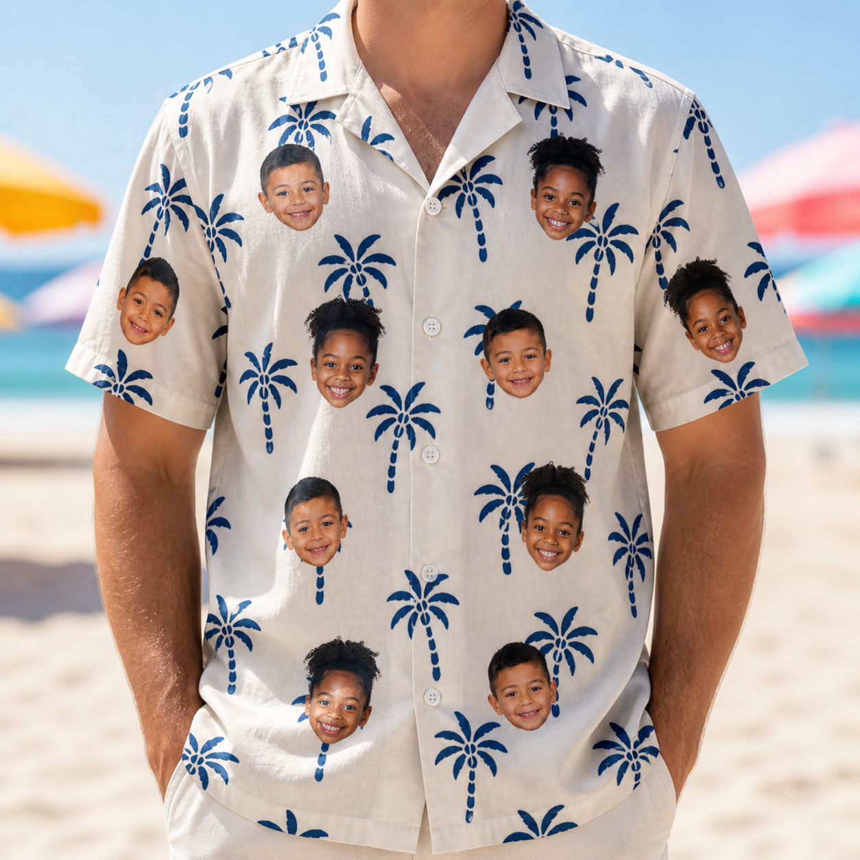 Model wearing Men's Technicolor Tropics Custom Face Hawaiian Shirt printed with kids' faces