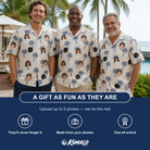 Friends in matching Men's Technicolor Tropics Custom Face Hawaiian Shirt — a group gift photo