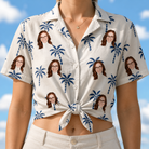 Woman wearing Women's Technicolor Tropics Custom Face Hawaiian Shirt tied at the waist