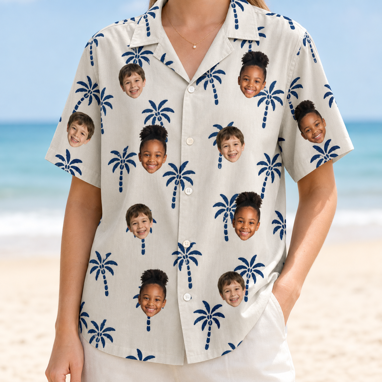 Model wearing Women's Technicolor Tropics Custom Face Hawaiian Shirt printed with kids' faces