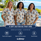 Friends in matching Women's Technicolor Tropics Custom Face Hawaiian Shirt — a group gift photo