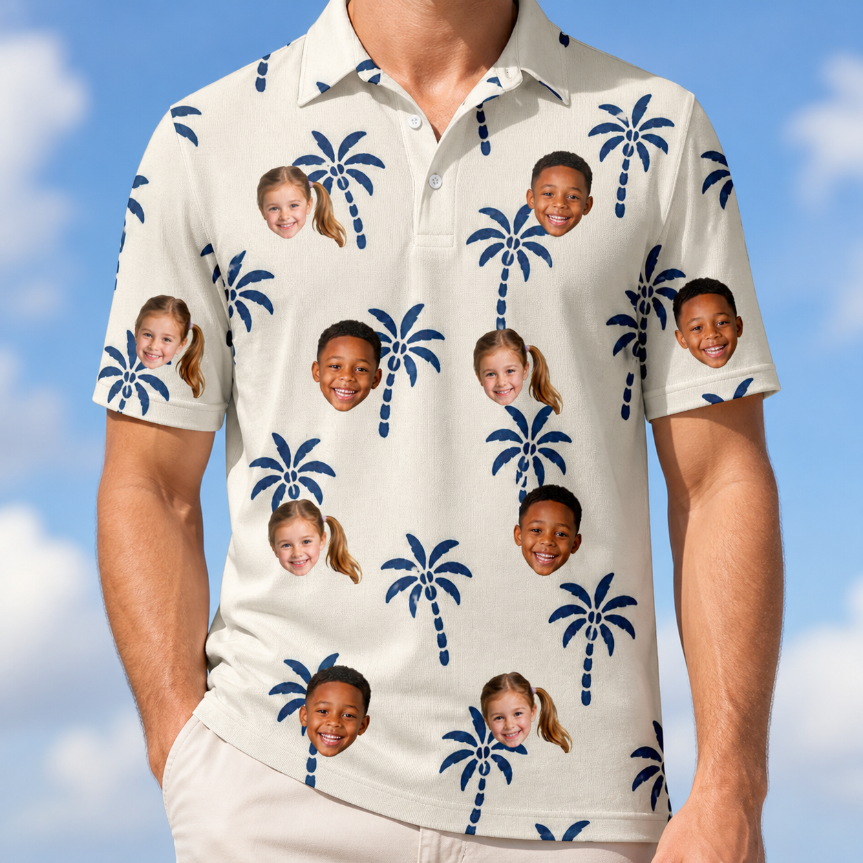 Model wearing Men's Technicolor Tropics Custom Face Polo Shirt printed with kids' faces