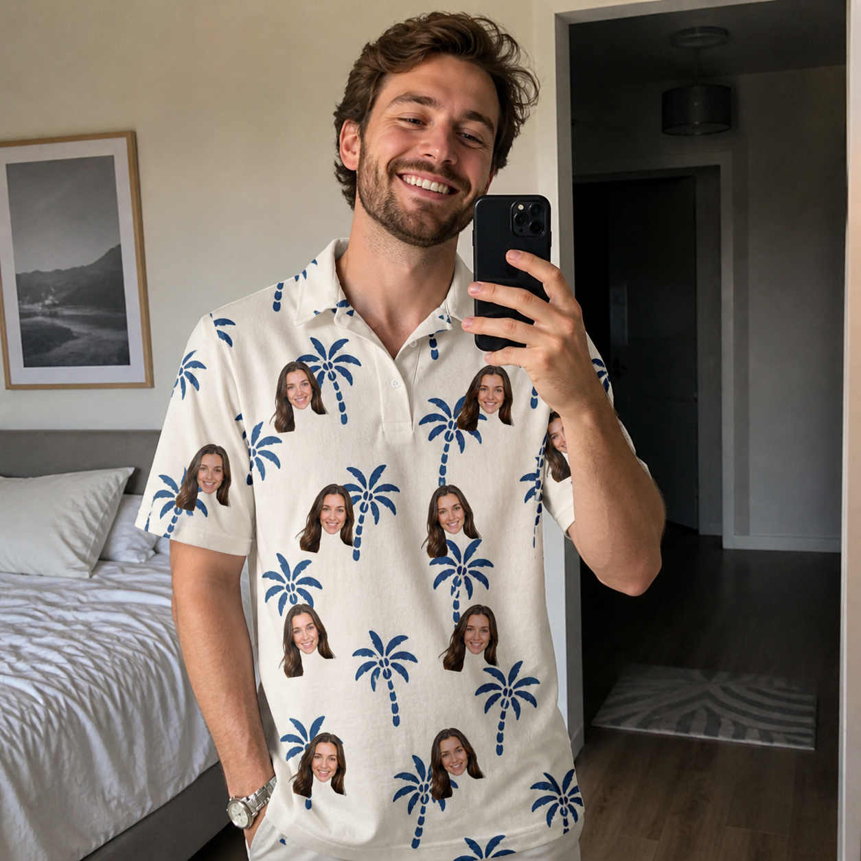 Real-life photo of someone wearing Men's Technicolor Tropics Custom Face Polo Shirt — custom faces printed all-over