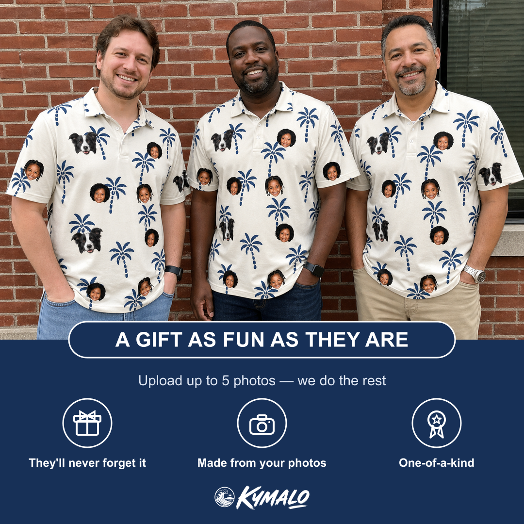 Friends in matching Men's Technicolor Tropics Custom Face Polo Shirt — a group gift photo