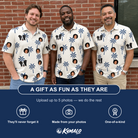 Friends in matching Men's Technicolor Tropics Custom Face Polo Shirt — a group gift photo