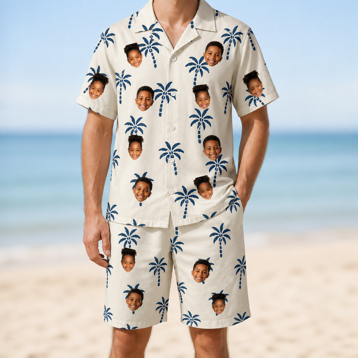 Model wearing Men's Technicolor Tropics Custom Face Shirt & Shorts Set printed with kids' faces