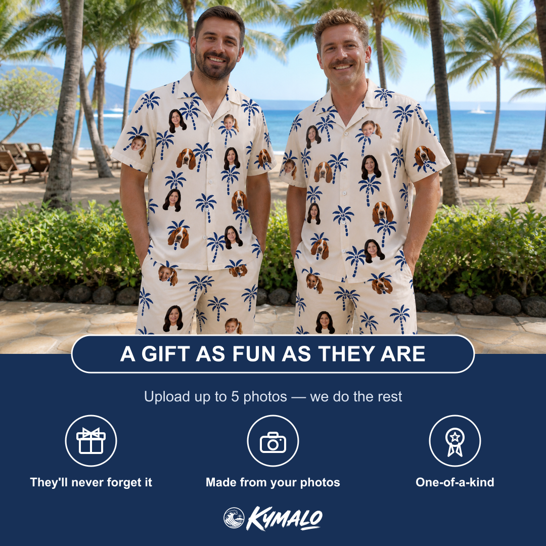 Friends in matching Men's Technicolor Tropics Custom Face Shirt & Shorts Set — a group gift photo
