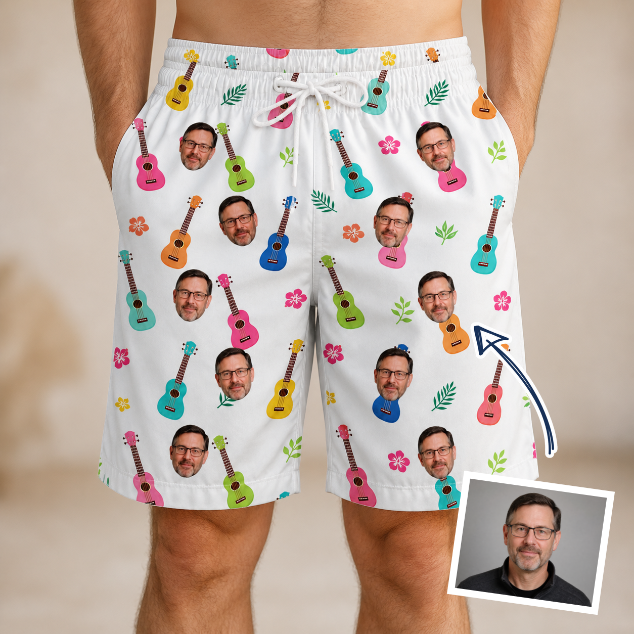 Man wearing Men's Ukulele Utopia Custom Face Beach Shorts — custom faces printed all-over
