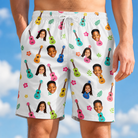 Model wearing Men's Ukulele Utopia Custom Face Beach Shorts printed with kids' faces