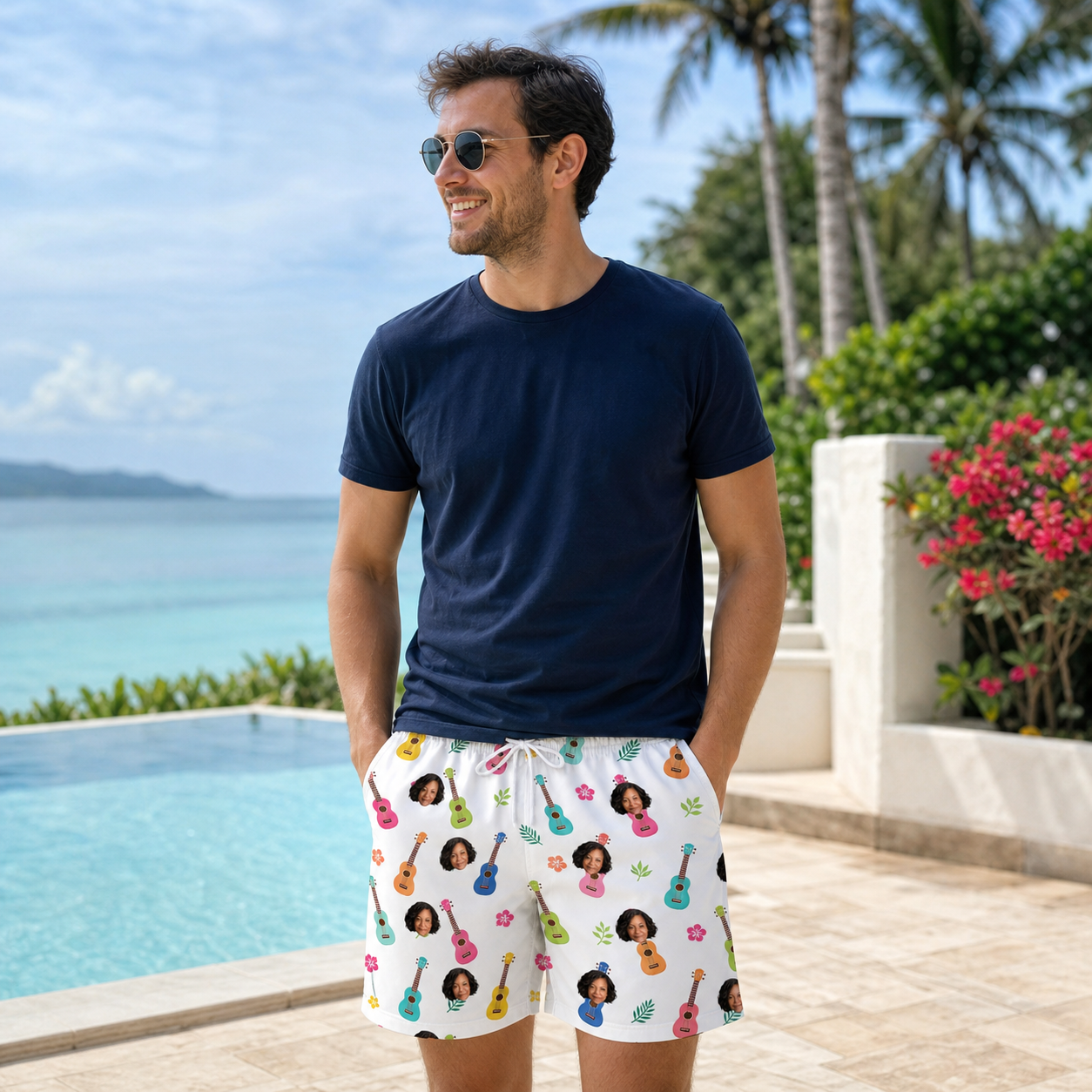 Real-life photo of someone wearing Men's Ukulele Utopia Custom Face Beach Shorts — custom faces printed all-over