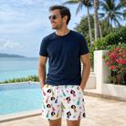 Real-life photo of someone wearing Men's Ukulele Utopia Custom Face Beach Shorts — custom faces printed all-over