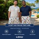 Friends in matching Men's Ukulele Utopia Custom Face Beach Shorts — a group gift photo