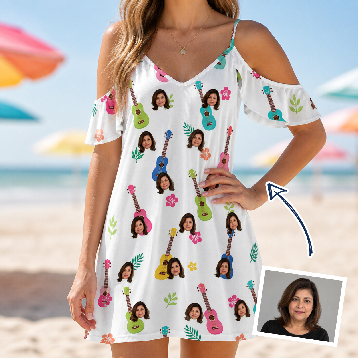 Woman wearing Women's Ukulele Utopia Custom Face Off-Shoulder Dress — custom faces printed all-over