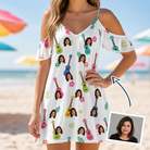 Woman wearing Women's Ukulele Utopia Custom Face Off-Shoulder Dress — custom faces printed all-over