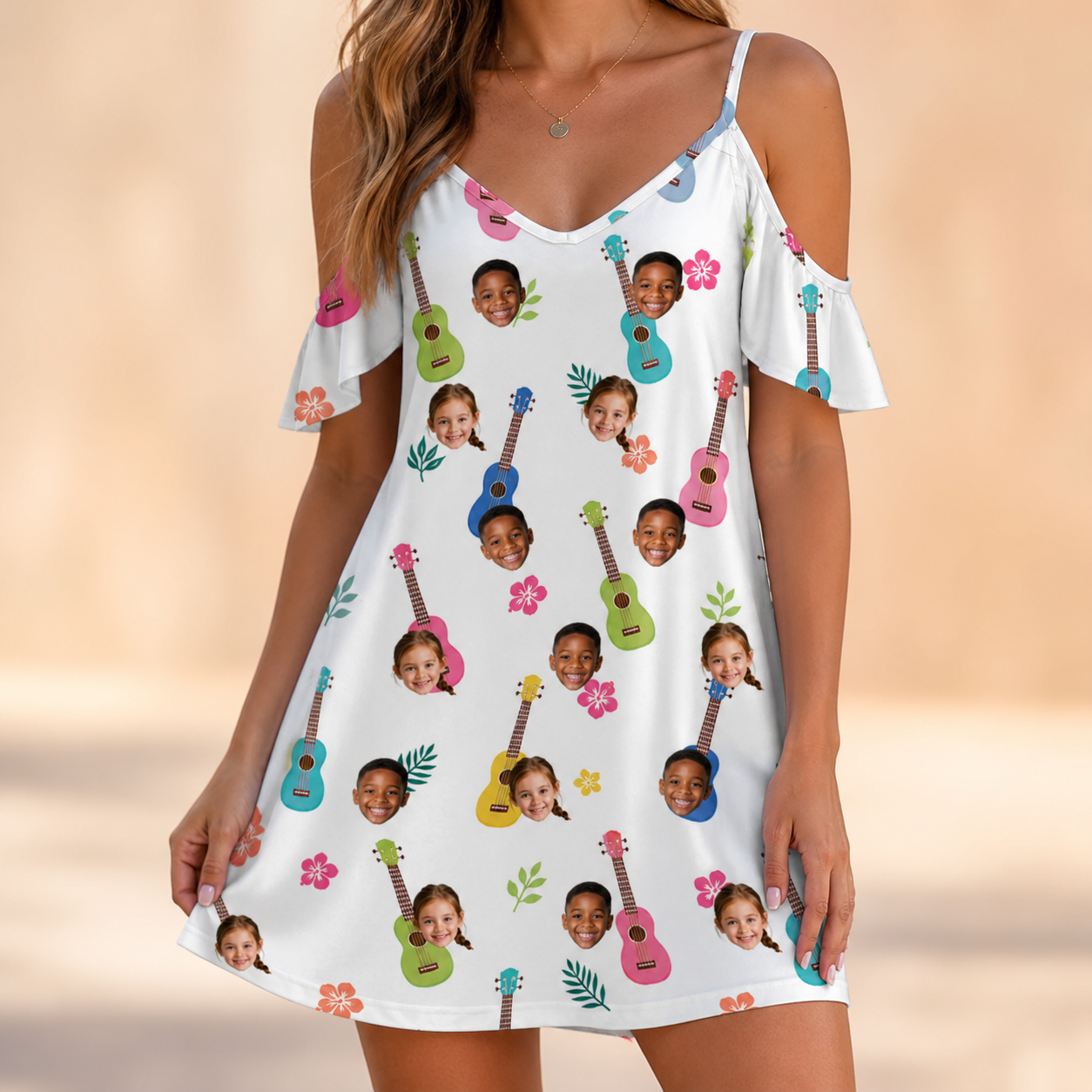 Model wearing Women's Ukulele Utopia Custom Face Off-Shoulder Dress printed with kids' faces