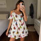 Real-life photo of someone wearing Women's Ukulele Utopia Custom Face Off-Shoulder Dress — custom faces printed all-over