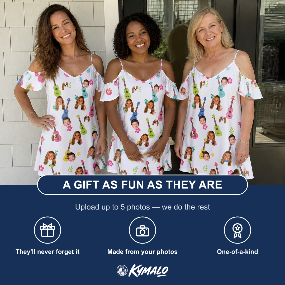 Friends in matching Women's Ukulele Utopia Custom Face Off-Shoulder Dress — a group gift photo