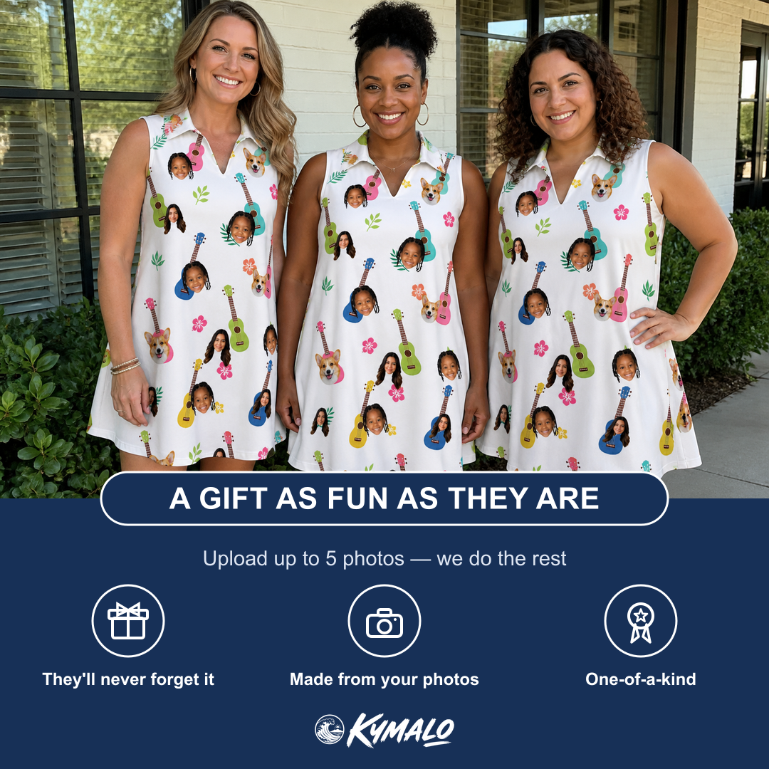 Friends in matching Women's Ukulele Utopia Custom Face V-Neck Dress — a group gift photo