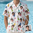Man wearing Men's Ukulele Utopia Custom Face Hawaiian Shirt — custom faces printed all-over