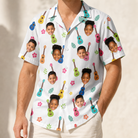 Model wearing Men's Ukulele Utopia Custom Face Hawaiian Shirt printed with kids' faces
