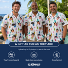 Friends in matching Men's Ukulele Utopia Custom Face Hawaiian Shirt — a group gift photo