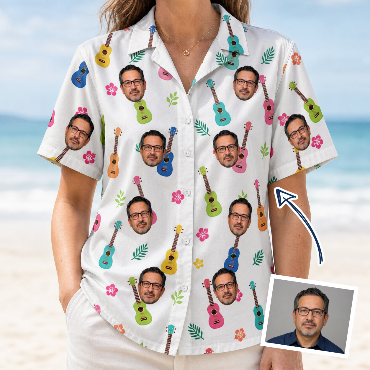 Woman wearing Women's Ukulele Utopia Custom Face Hawaiian Shirt — custom faces printed all-over