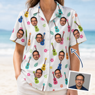 Woman wearing Women's Ukulele Utopia Custom Face Hawaiian Shirt — custom faces printed all-over