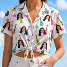 Woman wearing Women's Ukulele Utopia Custom Face Hawaiian Shirt tied at the waist