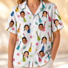 Model wearing Women's Ukulele Utopia Custom Face Hawaiian Shirt printed with kids' faces