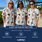 Friends in matching Women's Ukulele Utopia Custom Face Hawaiian Shirt — a group gift photo