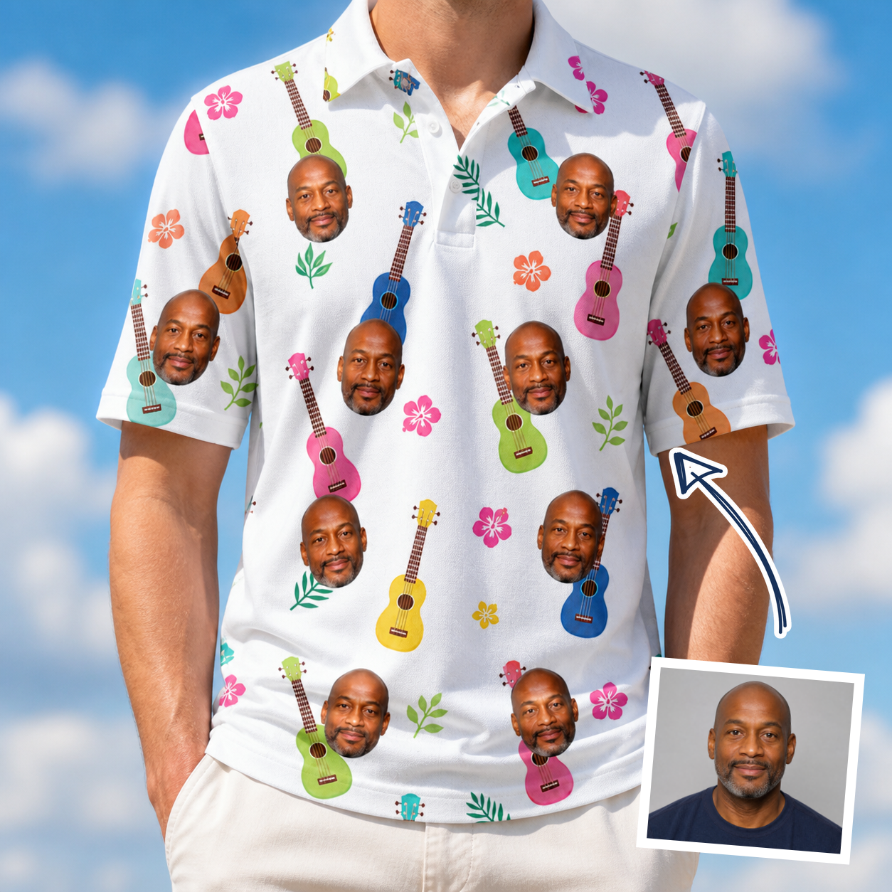 Man wearing Men's Ukulele Utopia Custom Face Polo Shirt — custom faces printed all-over