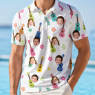 Model wearing Men's Ukulele Utopia Custom Face Polo Shirt printed with kids' faces