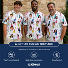 Friends in matching Men's Ukulele Utopia Custom Face Polo Shirt — a group gift photo