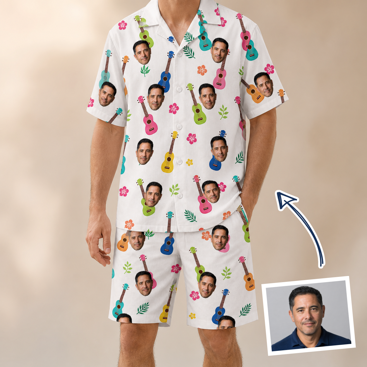 Man wearing Men's Ukulele Utopia Custom Face Shirt & Shorts Set — custom faces printed all-over