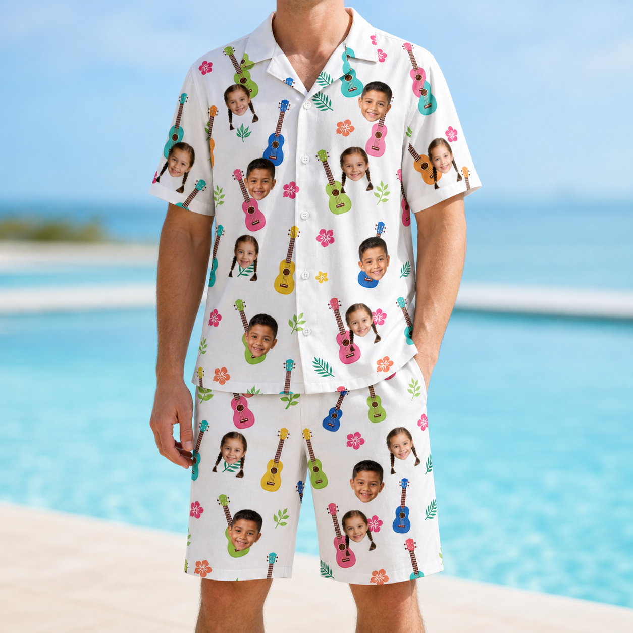 Model wearing Men's Ukulele Utopia Custom Face Shirt & Shorts Set printed with kids' faces