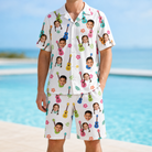 Model wearing Men's Ukulele Utopia Custom Face Shirt & Shorts Set printed with kids' faces