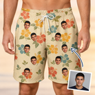 Man wearing Men's Atomic Atoll Custom Face Beach Shorts — custom faces printed all-over