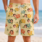 Model wearing Men's Atomic Atoll Custom Face Beach Shorts printed with kids' faces