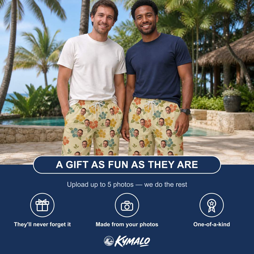 Friends in matching Men's Atomic Atoll Custom Face Beach Shorts — a group gift photo