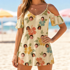 Model wearing Women's Atomic Atoll Custom Face Off-Shoulder Dress printed with kids' faces