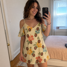Real-life photo of someone wearing Women's Atomic Atoll Custom Face Off-Shoulder Dress — custom faces printed all-over