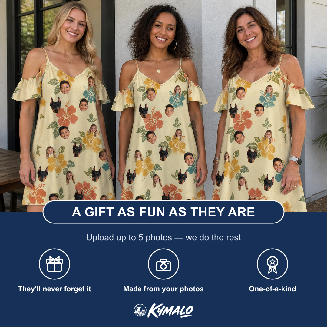 Friends in matching Women's Atomic Atoll Custom Face Off-Shoulder Dress — a group gift photo