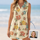 Woman wearing Women's Atomic Atoll Custom Face V-Neck Dress — custom faces printed all-over
