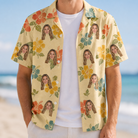Man wearing Men's Atomic Atoll Custom Face Hawaiian Shirt open over a white tee