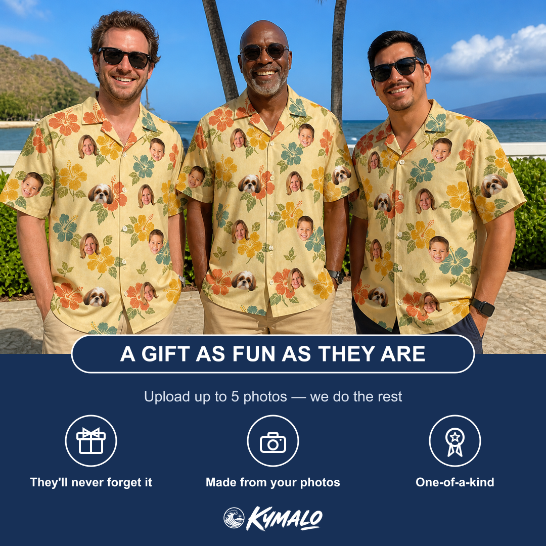 Friends in matching Men's Atomic Atoll Custom Face Hawaiian Shirt — a group gift photo