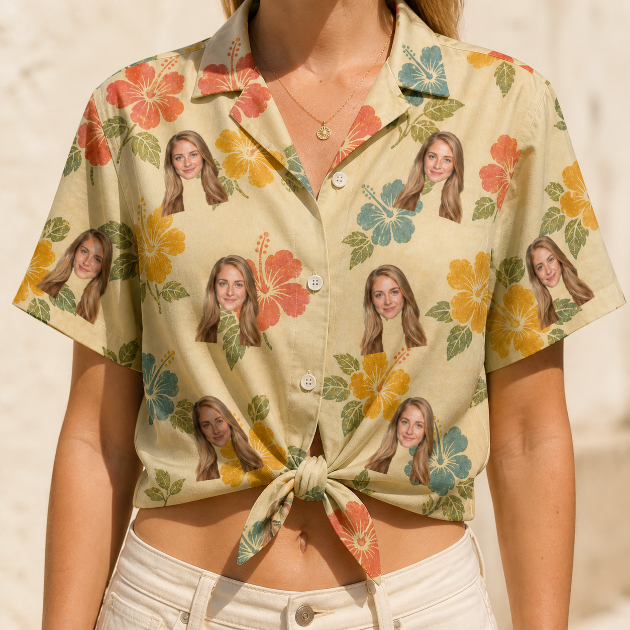 Woman wearing Women's Atomic Atoll Custom Face Hawaiian Shirt tied at the waist